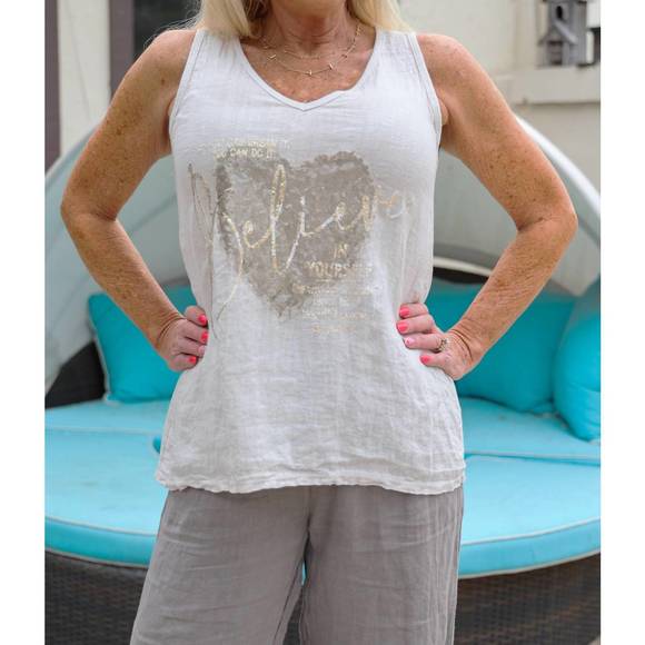 NEW LOOK MODE USA sequin heart "believe" tank top in taupe - Picture 2 of 6